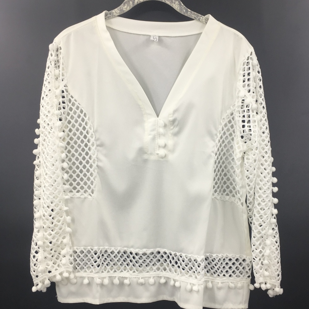 Simi Classic White Net and Pom Pom Blouse